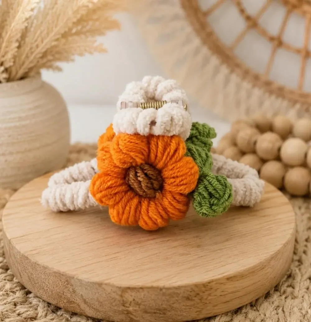 Ivory Orange Knit Floral Hair Claw Clip New